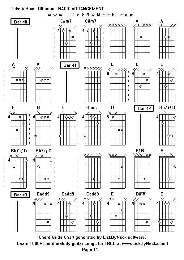 Chord Grids Chart of chord melody fingerstyle guitar song-Take A Bow - Rihanna - BASIC ARRANGEMENT,generated by LickByNeck software.